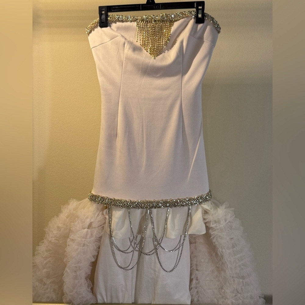 #40 Elegant Ivory Dress with Crystal & Gold Accents